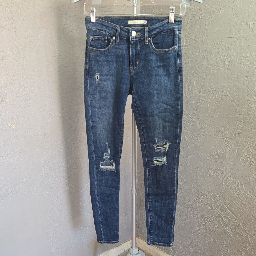 ^Levi's 711 Skinny Women's Dark Blue Skinny Jeans Distressed Grunge